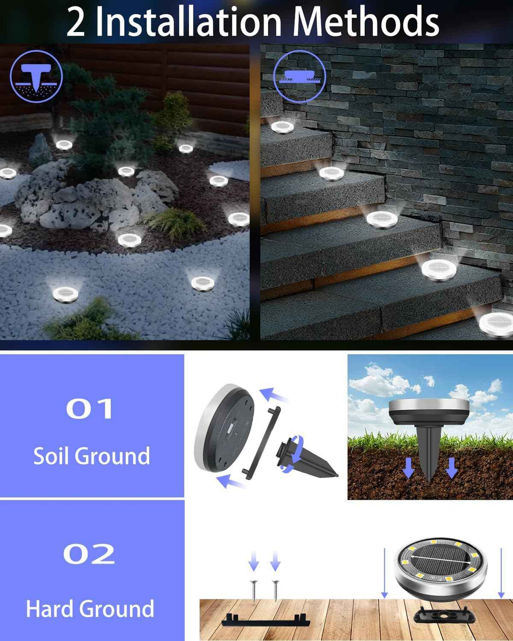 Solar Lights Outdoor Waterproof, 12 Pack 8 LED, Thickened Stainless Steel Ground Light, Solar Garden Lights Landscape Lighting for Patio Pathway Lawn Yard Deck Driveway Walkway, Cool White