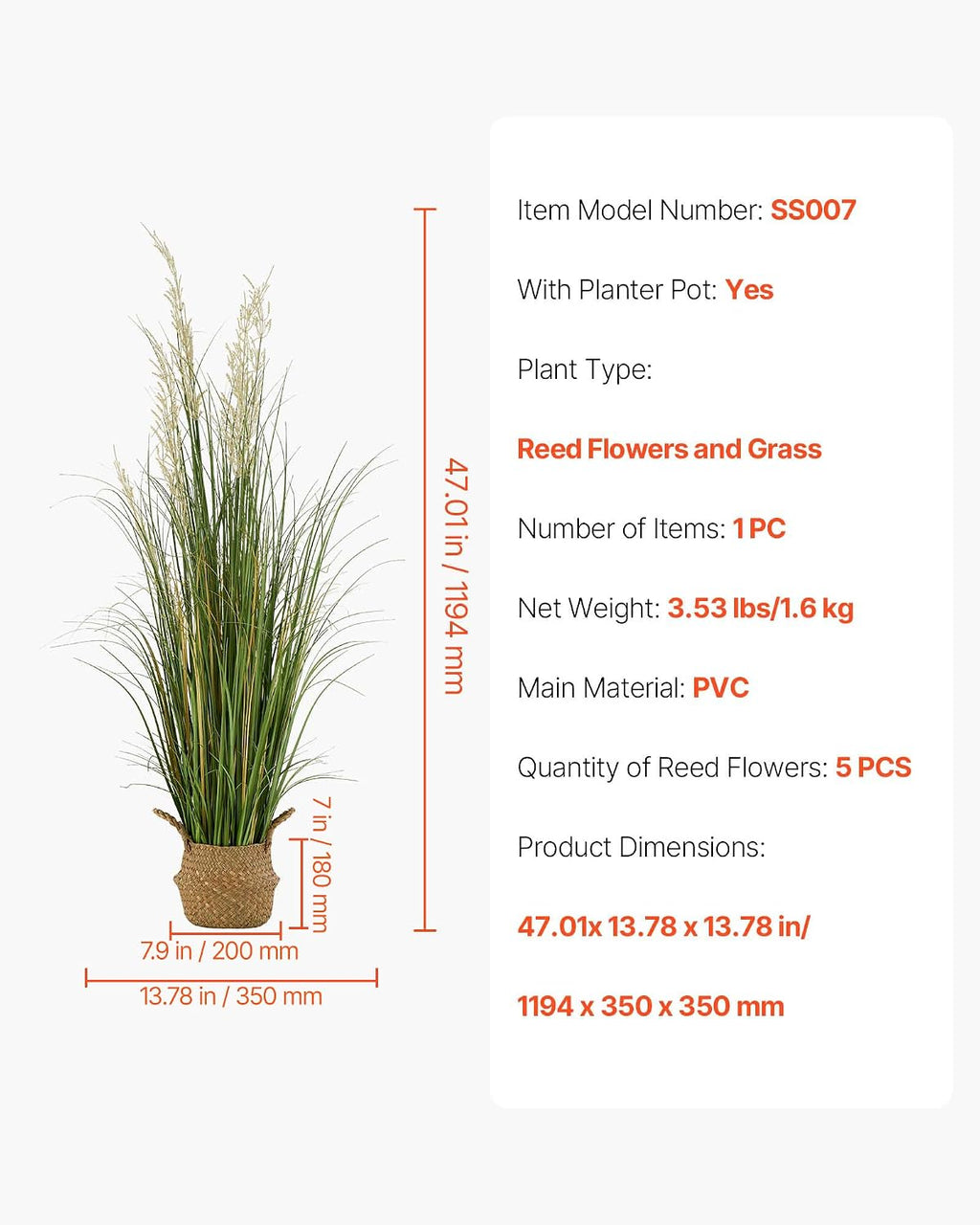 VEVOR Artificial Grass Plant, 47 inch Reed Flower Grass in Pot, Premium PVC Faux Fake Greenery Shrubs Plant for Indoor Outdoor House Home Garden Office Room Décor, Housewarming, 1 Pack Green