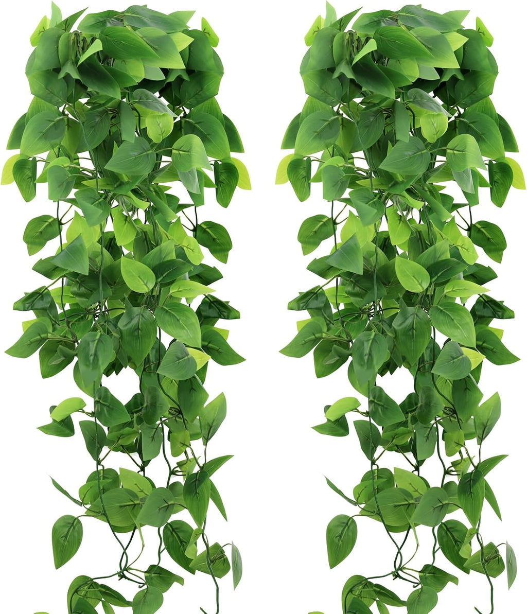 2-Pack Fake Hanging Plants, Faux Hanging Plant Artificial Greenery for Living Room Bedroom Boho Wall Shelf Indoor Outdoor Decor (Green Pothos Ivy Vines)