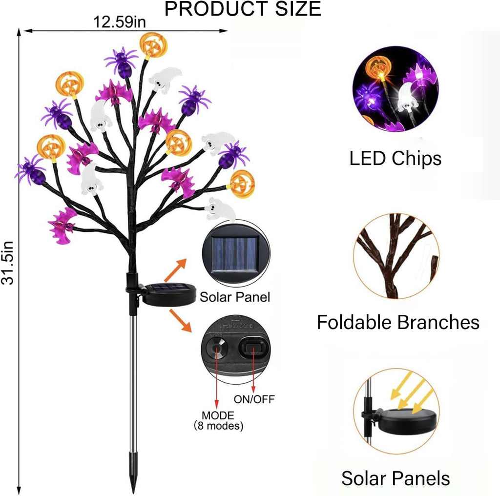 2-Pack Halloween Decorative Outdoor Solar Lights, 20 LED Bulbs Waterproof Garden Lights, 3D Pumpkin Bat Spider Maple Lights with 8 Lighting Modes, Solar Stake Lights for Halloween's Decor (Purple)