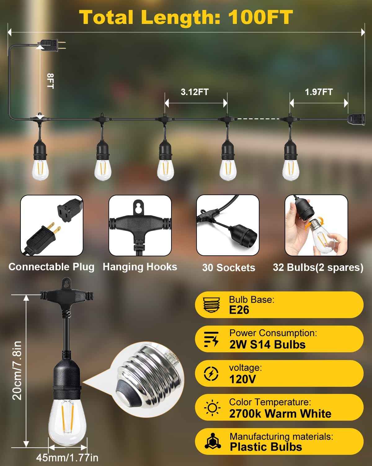 BRIMAX 2W 100FT Outdoor String Light Commercial Grade with 32 S14 LED Bulbs | Shatterproof Dimmable Patio String Lights Heavy Duty Waterproof for Bistro Cafe Market 2700K