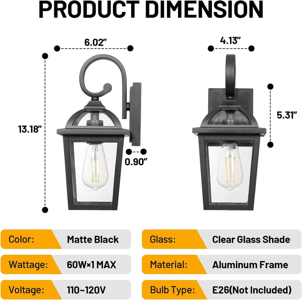 Front Porch Lights Outdoor Wall Lights Exterior Wall Sconce Light | Modern Farmhouse Outdoor Wall Lantern with Clear Glass, Weatherproof Aluminum Black Exterior Light Fixtures for Porch Patio