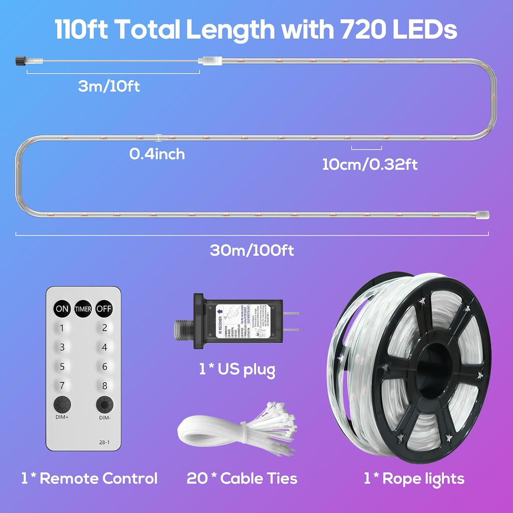 100FT 720 LED Waterproof Rope Lights with Remote, 8 Modes and 4 Brightness Tube Lights for Christmas, Bedroom, Patio, Outside, Garden, Indoor Outdoor Decoration (White and Multicolor Change)