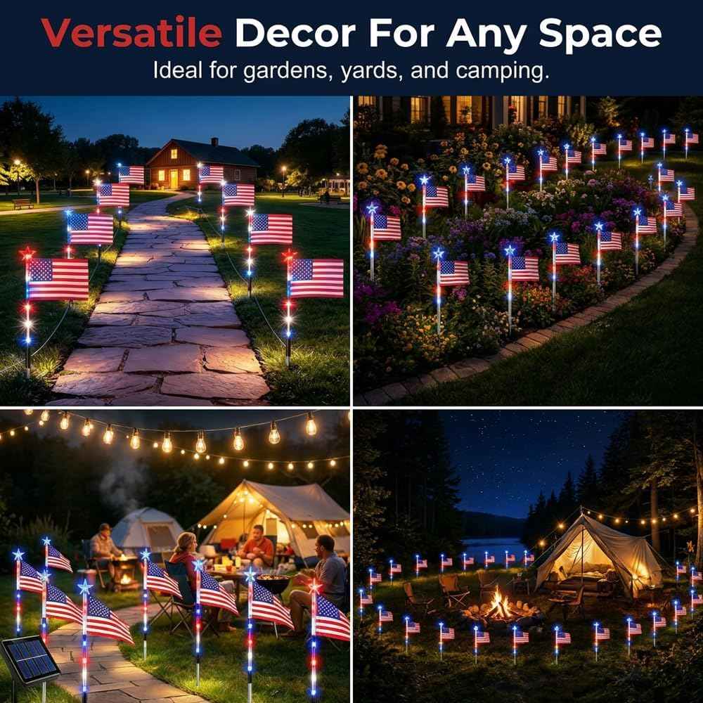 8 Pack Solar American Flag Pathway Lights-4th of July Outdoor Decor American Flag Lights, Patriotic Pathway Lights for 250th Anniversary Celebration Independence Yard Garden Day Decor (8 PCS)