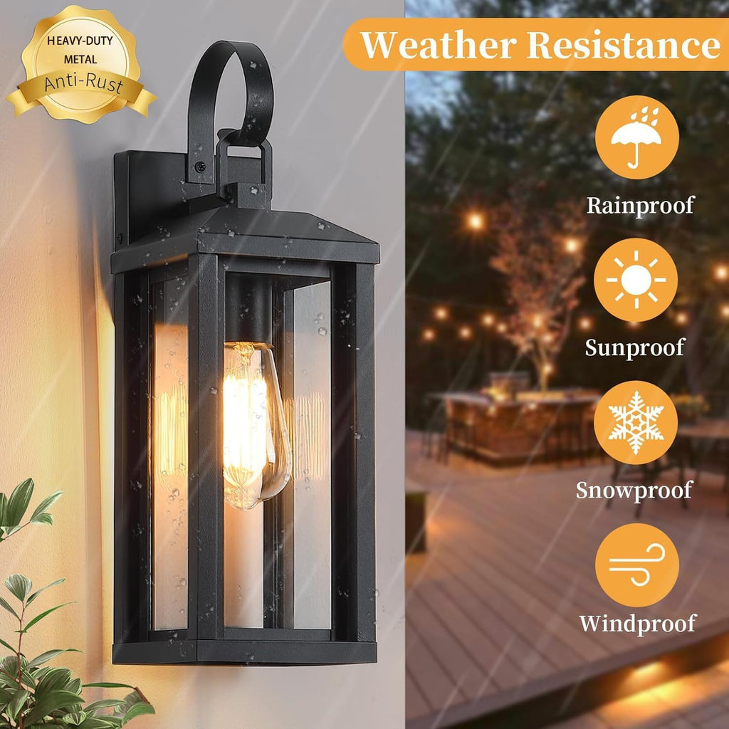 17" Large Outdoor Wall Light Fixtures 2-Pack, Matte Black | Anti-Rust Waterproof, Tempered Glass, Modern Farmhouse, Porch Lights Outdoor Sconces Exterior Lighting for Garage House