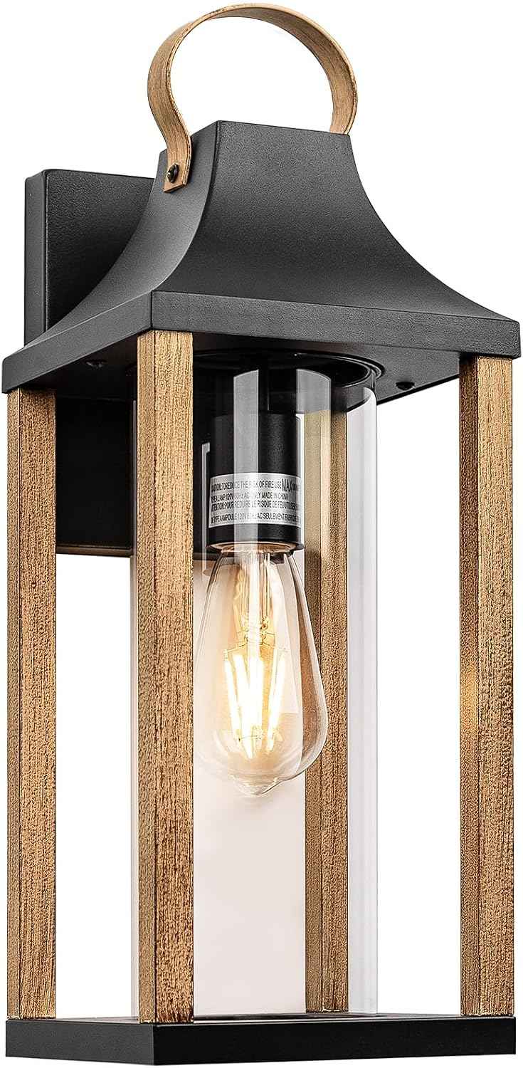 Outdoor Wall Light Rustic Wood Cylindrical Glass 17” Large | 1 Pack Exterior Wall Sconce, Farmhouse Porch Light Fixture Outside IP65 Waterproof, Patio Porch Courtyard, ETL List