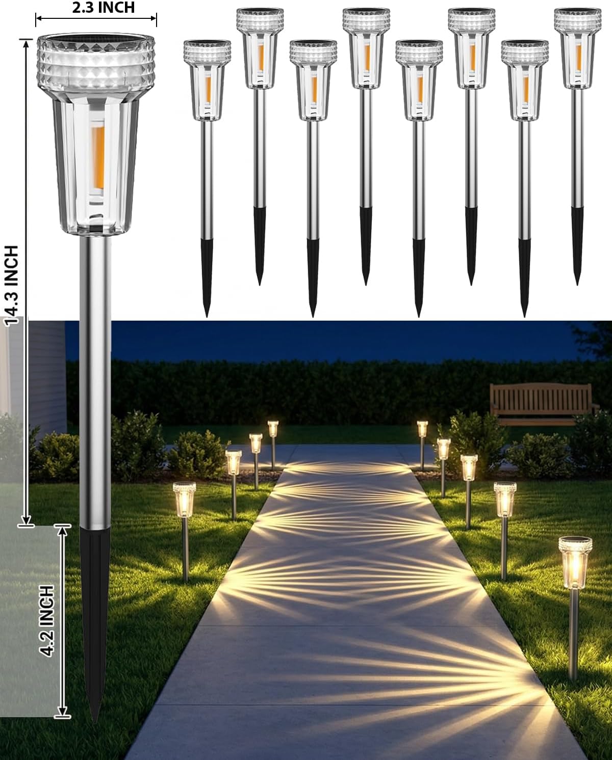 DERAYSION 12 Pack Solar Pathway Lights Outdoor, Solar Powered Garden Lights Auto On/Off, Waterproof Stainless Steel Pole Landscape Lighting for Path, Yard, Walkway, Driveway Decor - Warm White