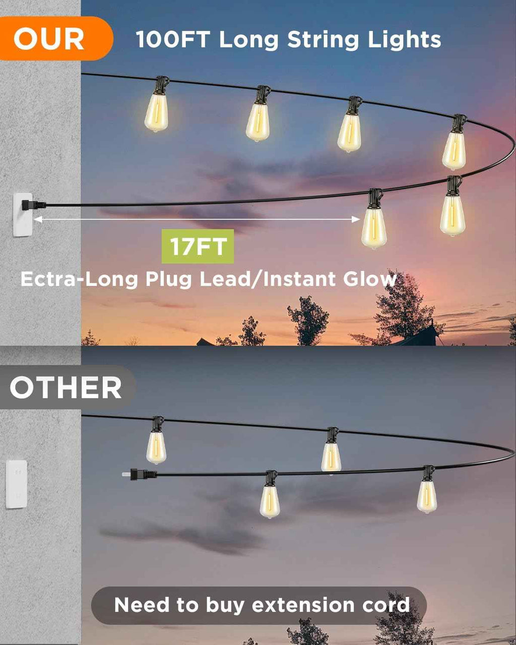 VOLIVO 100FT Outdoor String Lights for Patio, Waterproof Hanging Lights | 35+1 Shatterproof ST38 Edison Bulbs, Dimmable & Connectable Outside String Light for Backyard, Deck, Porch, Balcony