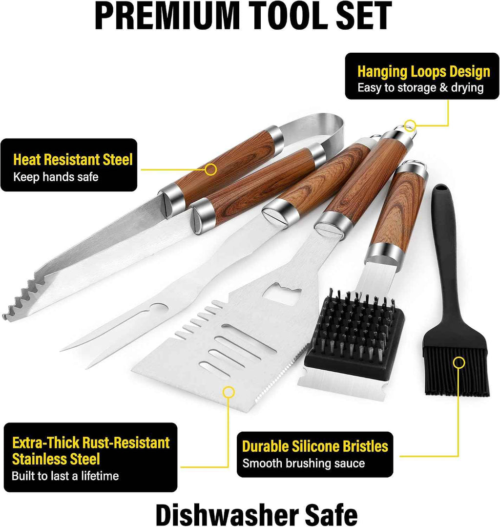 Grill Set, Grill Tools for Outdoor Grill Utensils Set BBQ Accessories | Grilling Tools Set, Spatula, Fork, Brush, Tongs & Cleaning Brush, Gifts for Men Dad Him (Wood)