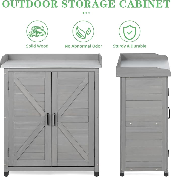 Outdoor Potting Bench with Storage Cabinet and Metal Top, Wood Workstation - Image 4