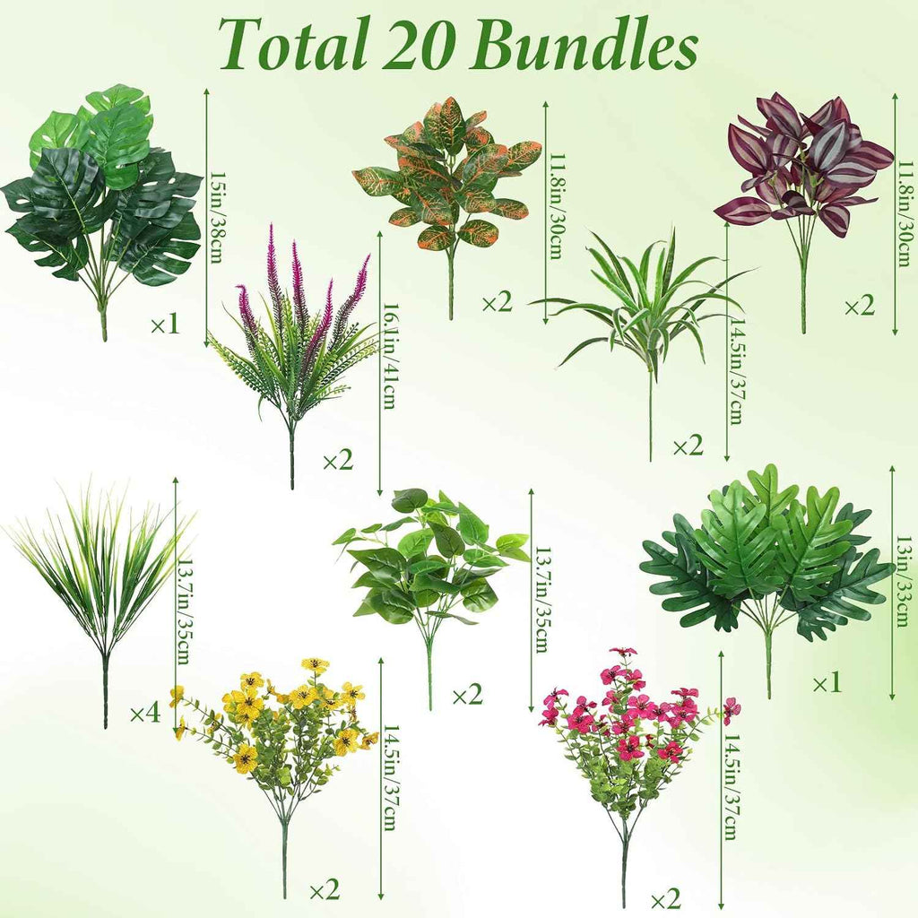 Dremisland 20 Bundles Fake Flowers Artificial Plants for Outdoors UV Resistant Faux Greenery Stems Silk Flowers Realistic Plastic Ferns Shrubs Plants for Planter Garden Patio Window Box Home Decor
