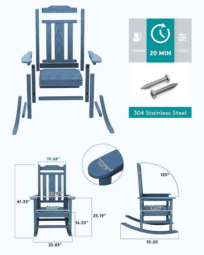 SERWALL Outdoor Rocking Chair Blue Set of 8, All Weather Patio Rocking Chair