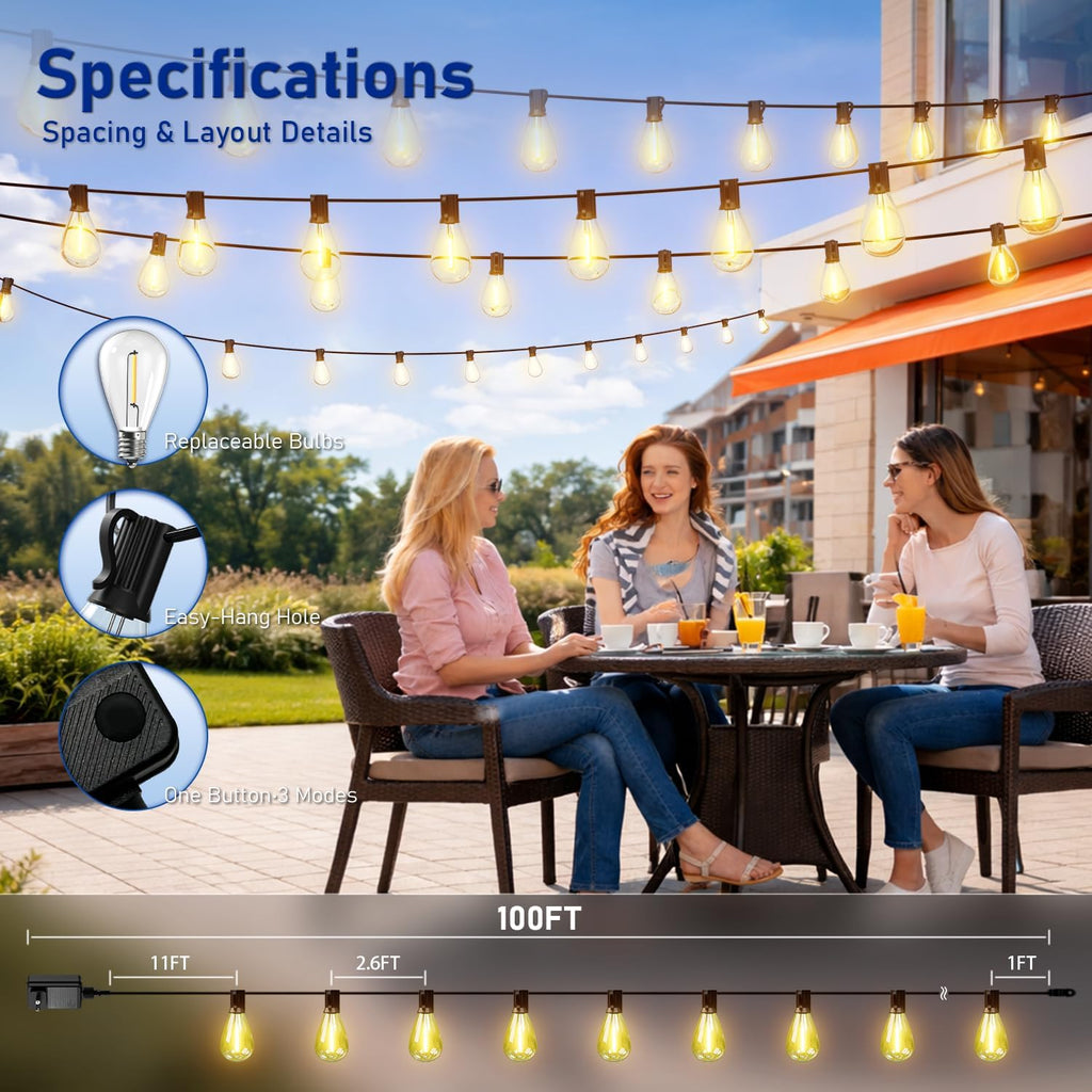 100FT Outdoor String Lights with Remote & Dimmable, 35+1 Shatterproof Waterproof Bulbs, Dimmable Outside Hanging Patio Lights for Backyard, Porch, Deck, Garden 2700K Warm White