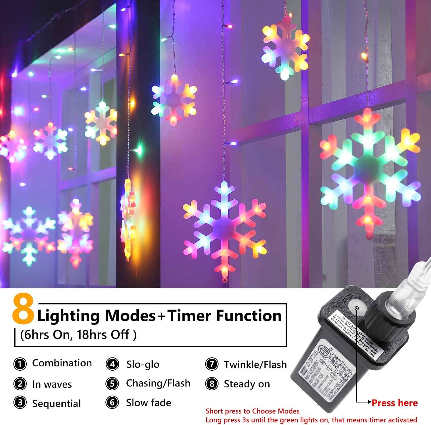 Christmas Snowflake Lights Outdoor, 17.22ft 264 LED Snowflake Icicle Lights with 22 Drops, 8 Modes connectable Plug In Christmas Light Waterproof for Eaves, Garden, Indoor & Outdoor Decor (Multicolor)