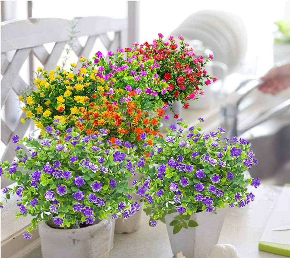 Grunyia 10 Bundles Artificial Fake Flowers, Faux Outdoor Plastic Plants UV Resistant Shrubs Outside Indoor Decorations (Blue-Eucalyptus)