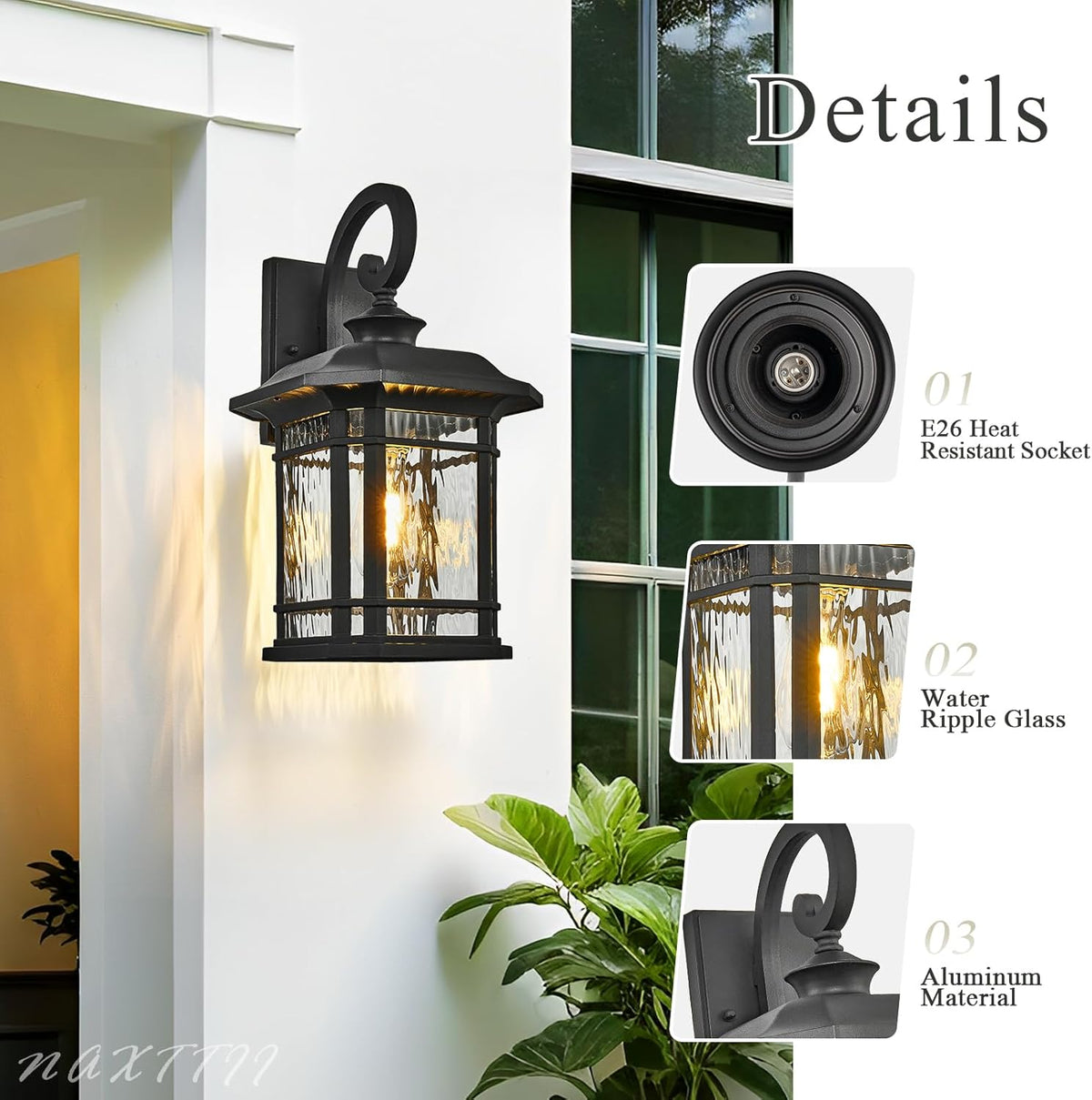 Outdoor Wall Lights Garage Outdoor Light Fixtures Waterproof Porch Light with Water Ripple Glass Black Finish E26 Socket Max 60W