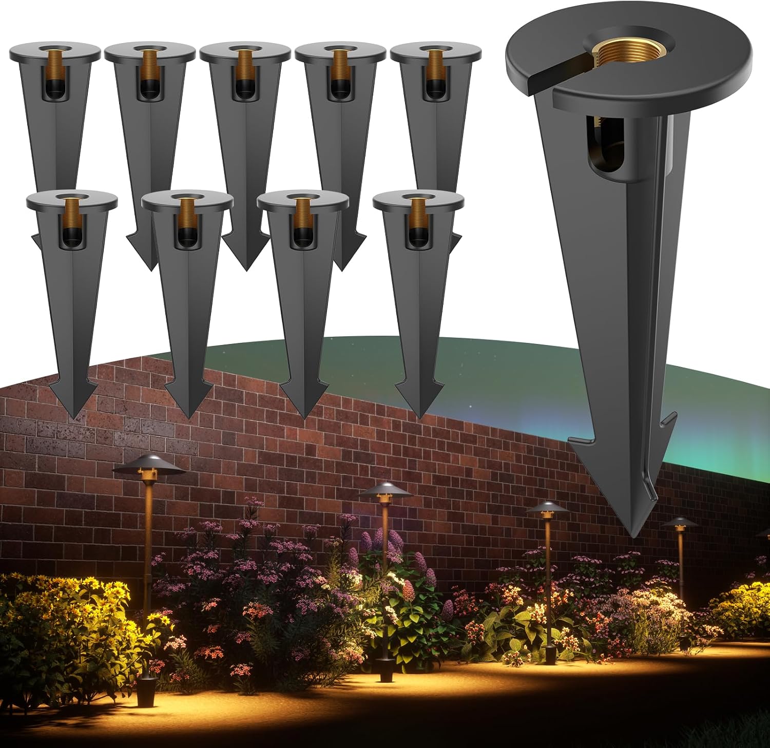 Landscape Lighting Stakes, 1/2 NPT Landscape Light Stakes 10pcs | Brass Thread, Slotted Insert, 9.5" Long Spike, Ground Stake Replacement for Outdoor Low Votlage Pathlight Walkway Spot Light