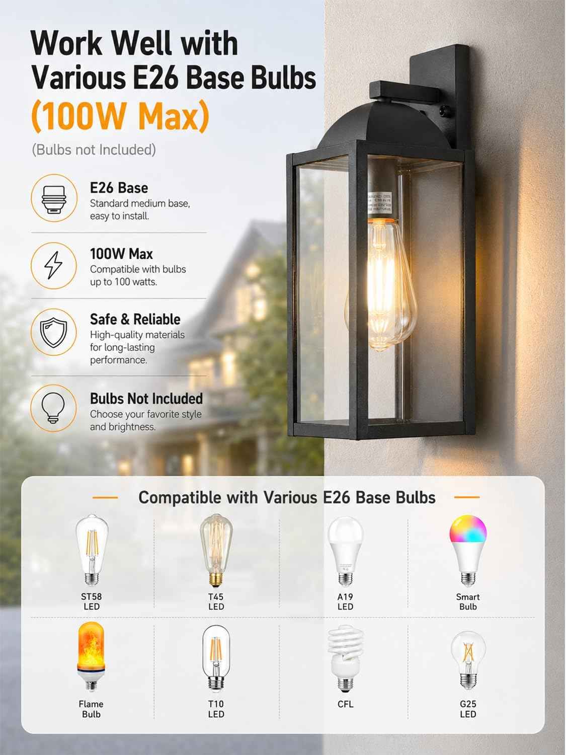 Outdoor Wall Sconce, Waterproof Exterior Lantern, E26 Glass, Black, 1 Pack | Modern matte black exterior fixture with glass shade and E26 socket for porch, patio, entryway, garage, front door, and house