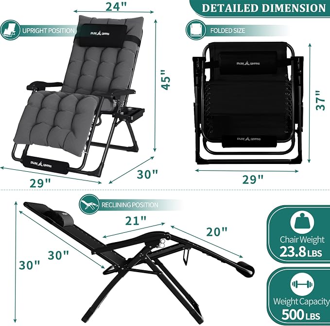 UDPATIO Oversized Zero Gravity Chair 33In XXL Patio Reclining Chair - Image 3
