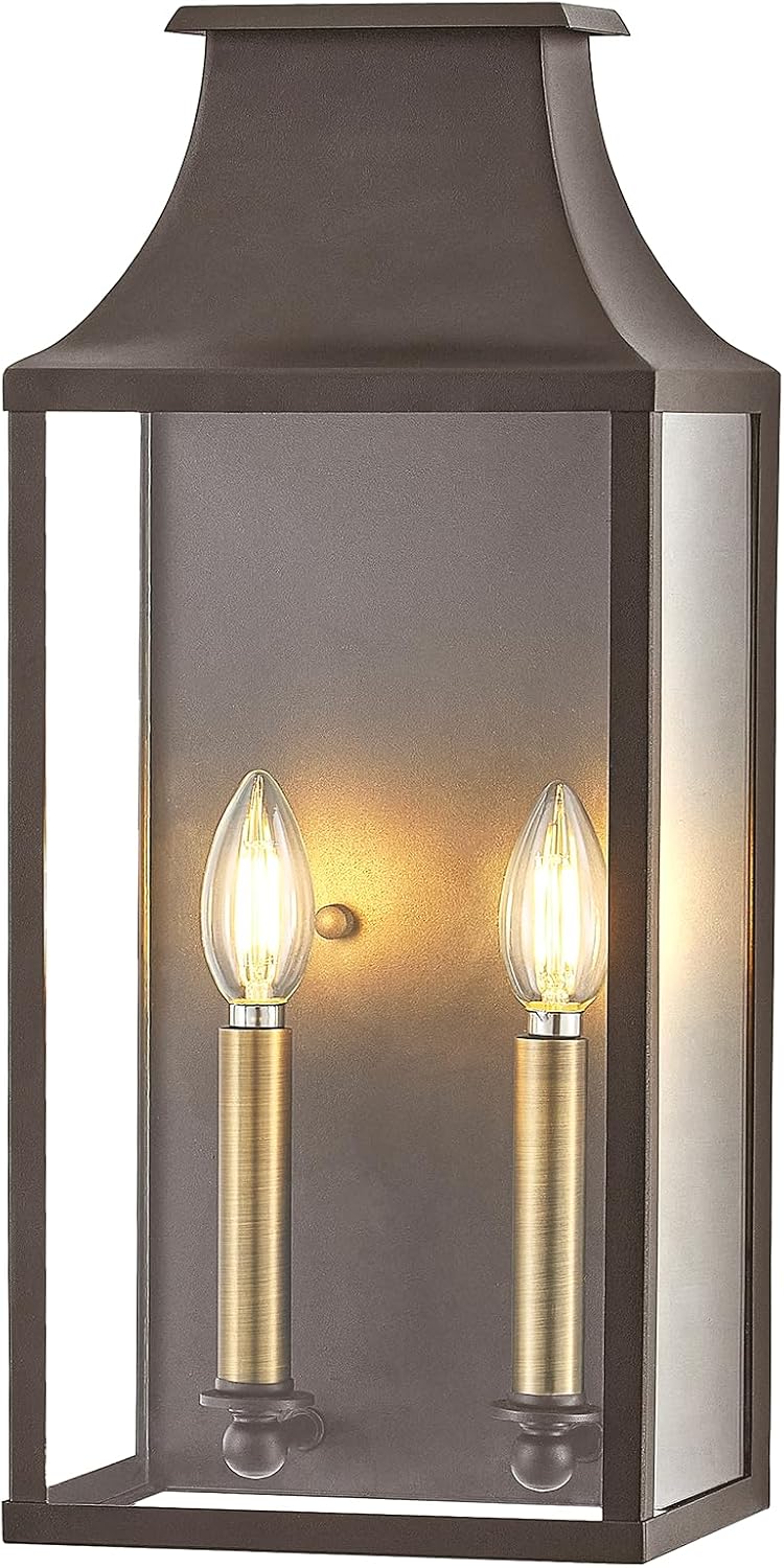18"Medium Classic Outdoor Wall Lantern Light For House Exterior,Handcrafted Old Rust Metal Cage Mounted Pocket Wall Sconce W/Clear Tempered Glass,Waterproof for Porch, Patio, Garage&Front Door E12