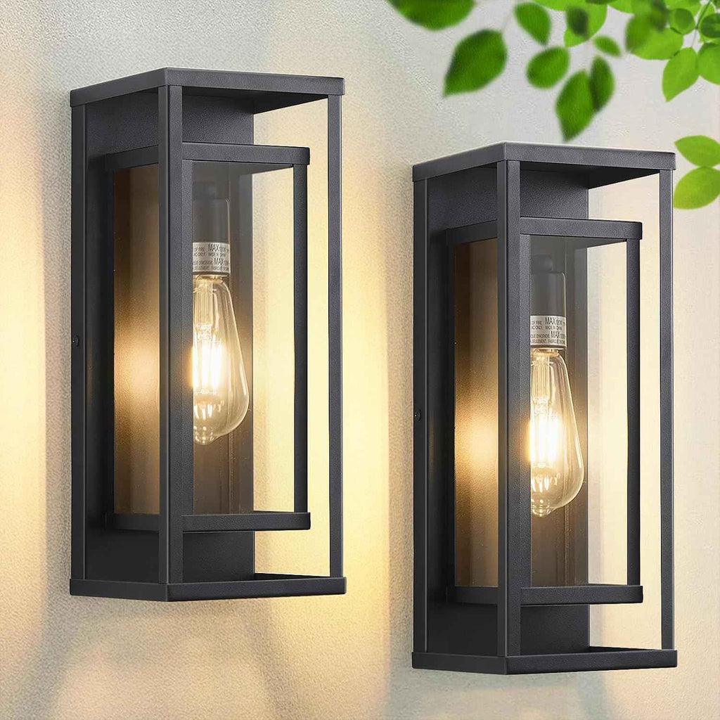 14" Black Outdoor Light Fixture, E26 Outdoor Wall Lantern 2-Pack | Exterior Lighting Fixtures, Waterproof Modern Front Porch Lights, Clear Glass Coach Lights, For Garage, Porch, Front Door