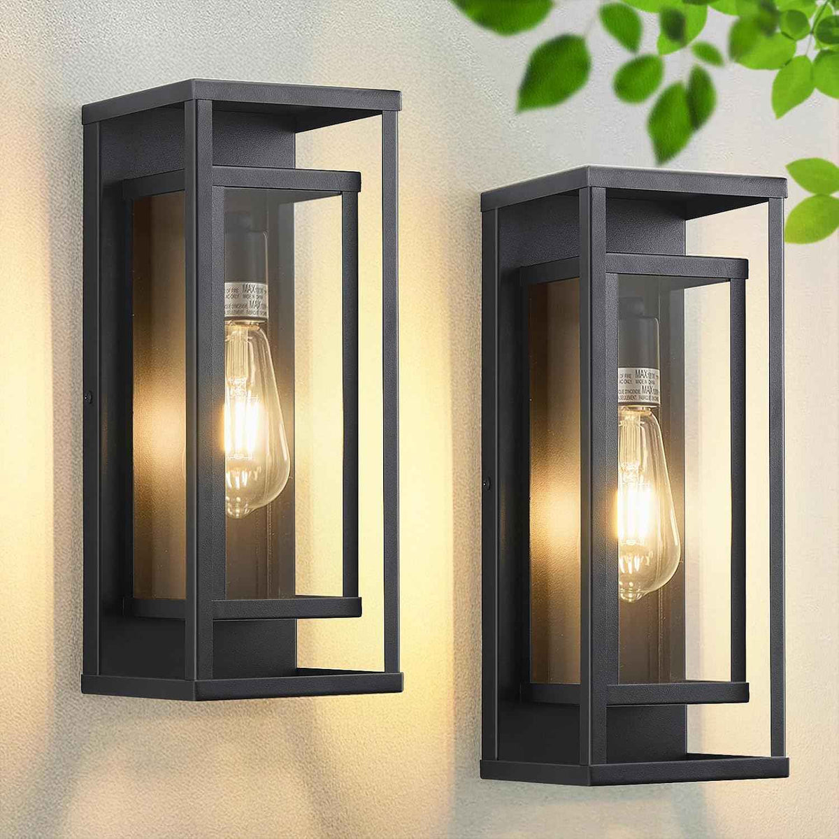 14" Black Outdoor Light Fixture, E26 Outdoor Wall Lantern 2-Pack | Exterior Lighting Fixtures, Waterproof Modern Front Porch Lights, Clear Glass Coach Lights, For Garage, Porch, Front Door