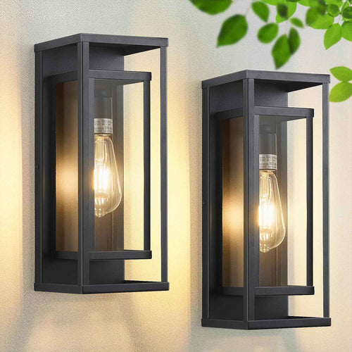 14" Black Outdoor Light Fixture, E26 Outdoor Wall Lantern 2-Pack | Exterior Lighting Fixtures, Waterproof Modern Front Porch Lights, Clear Glass Coach Lights, For Garage, Porch, Front Door