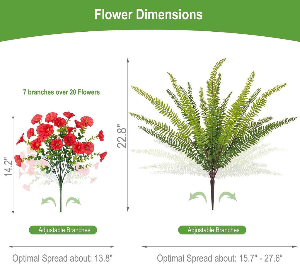 Hrobek Artificial Flowers for Outdoors Faux Plants Outside Indoor,UV Resistant Silk Fake Morning Glory Tall Ferns for Home Patio Garden Back Yard Front Porch Decor (13 Bunches,5 Multi Colors)
