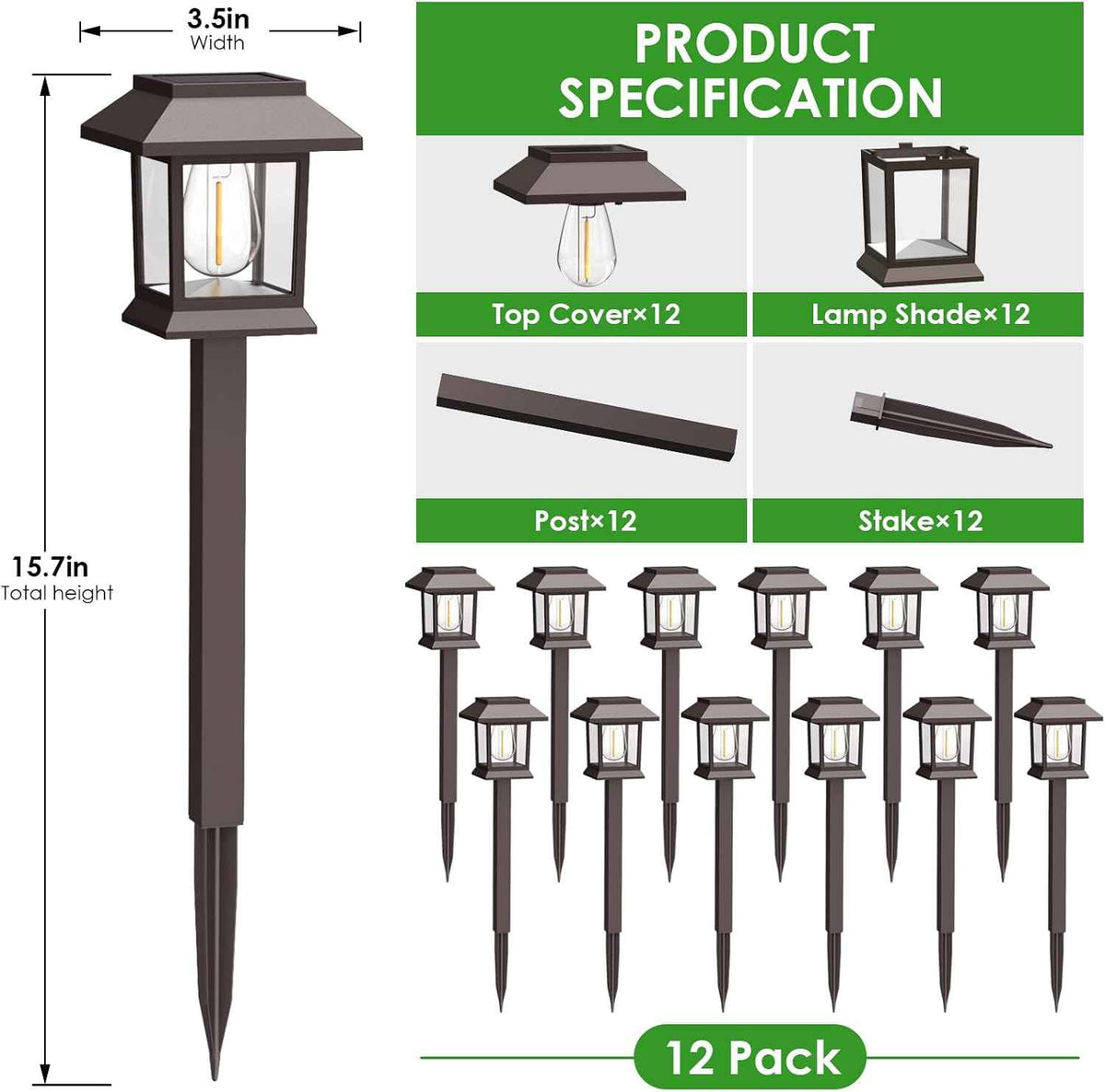 Benany Solar Outdoor Lights, 12 Pack Solar Pathway Lights Waterproof, Landscape Lighting for Path Walkway Lawn Garden Yard Outside Décor, Brown