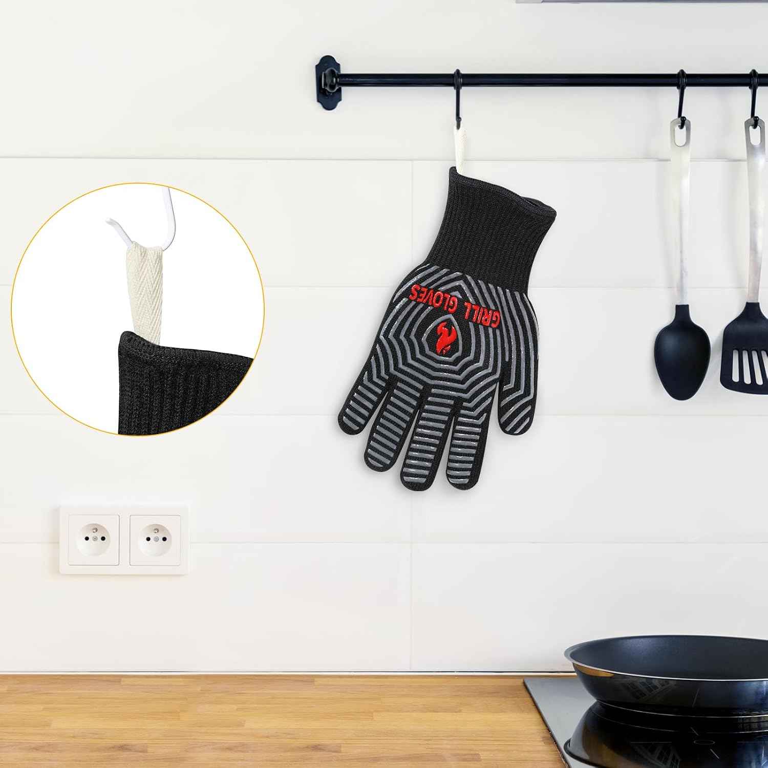 QUWIN BBQ Gloves, 1472°F Heat Resistant Grilling Gloves Silicone Non-Slip Oven Mitts, Kitchen Gloves for BBQ, Grilling, Cooking, Baking(One Size Fits Most, Black)- 1 Pair