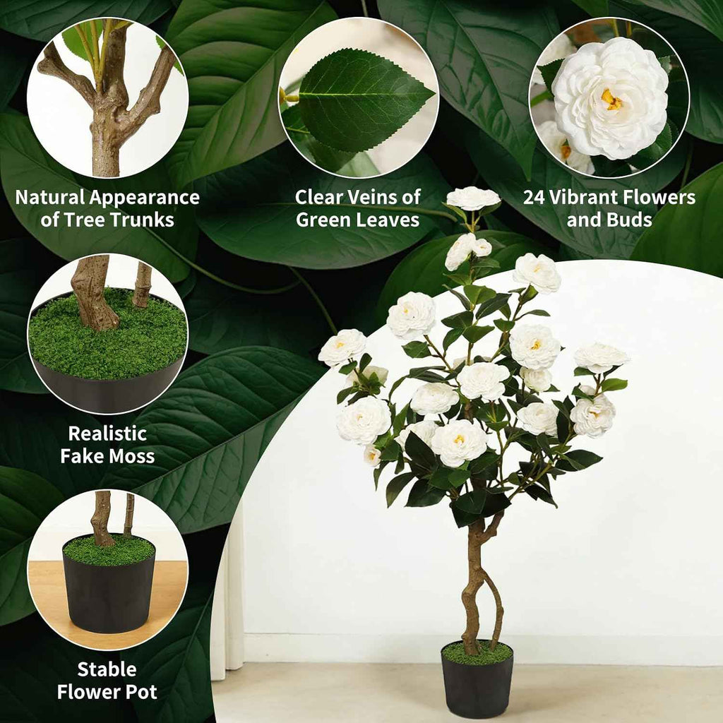 Artificial Camellia Tree 2 Pack, 42'' Faux Camellia Plant in Pot with 24 Blooming Flowers, Fake Greenery Potted Plant for Indoor Outdoor Home Floor Office Porch Decor (White)
