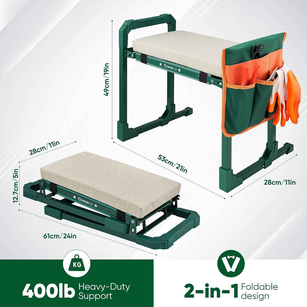 SakerPlus Garden Kneeler and Seat, Heavy Duty Foldable Garden Stool | 10-inch thickened pad, 400 lb support, extendable legs and 8-pocket tool bag for gardening, weeding and seniors