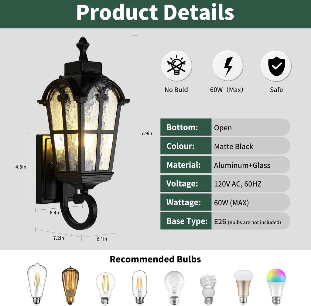 Outdoor Wall Light Fixtures Waterproof Porch Lights Anti-Rust Matte Black Exterior Lighting Fixtures Sconce Lights Outdoor Wall Lantern for Patio Front Door Garage -2 Pack