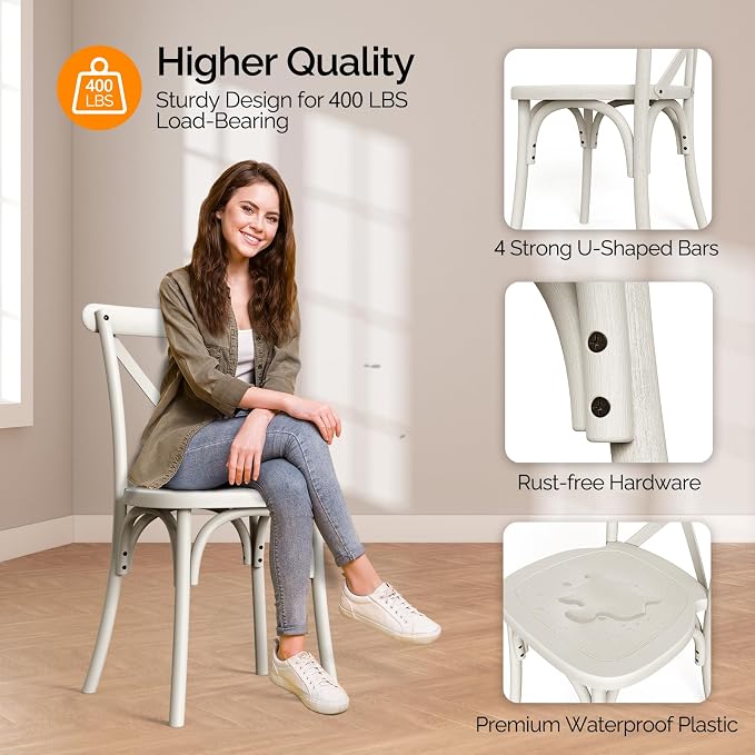 VINGLI Plastic Outdoor Dining Chairs Set of 2, Stackable Patio Cream White - Image 5
