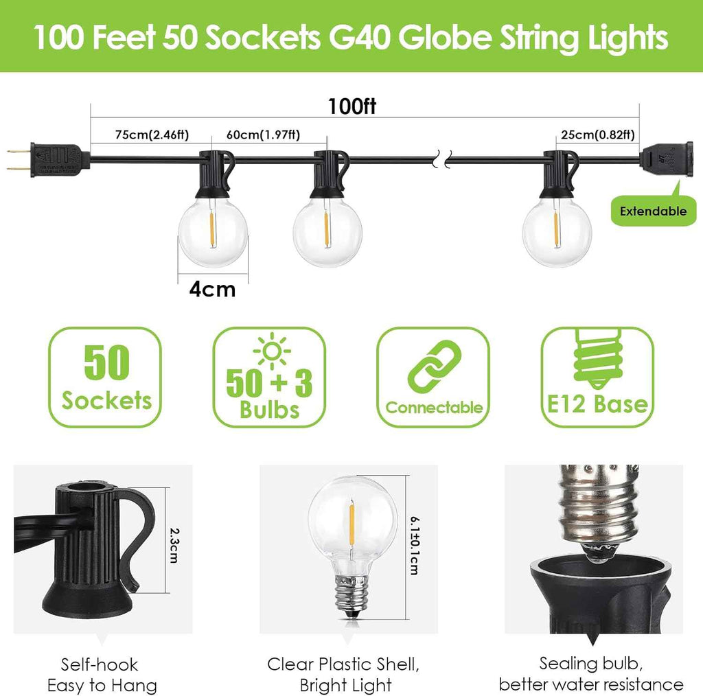 Mlambert 100Ft LED Outdoor String Lights, Dimmable Patio Lights, Waterproof Shatterproof 53 G40 Globe Bulb String for Backyard Bistro-Black 1 Pack
