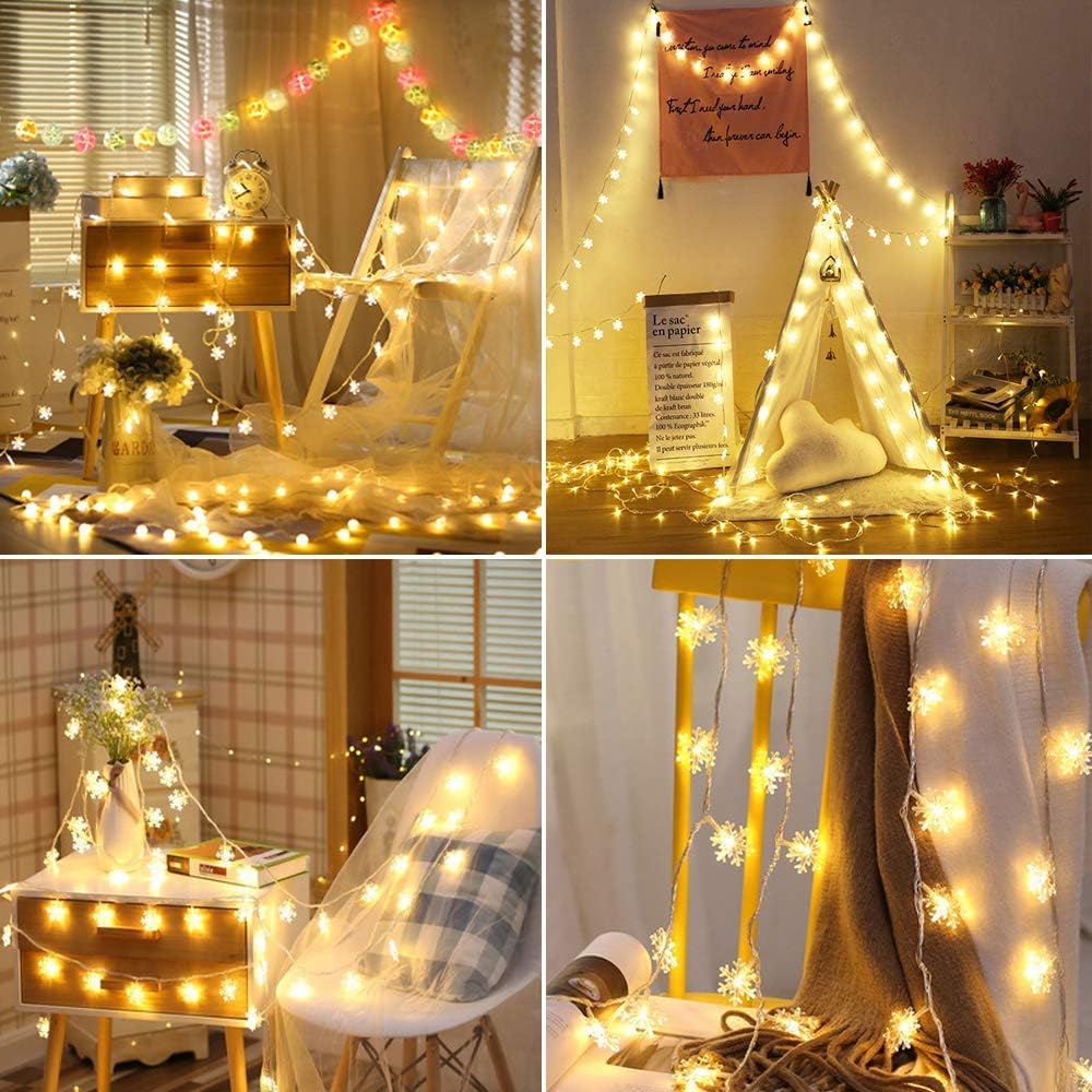 Snowflake String Lights, 10ft 20 LED USB Powered Snowflake Fairy String Lights Warm White for Christmas Birthday Party Home Decoration, SN0002