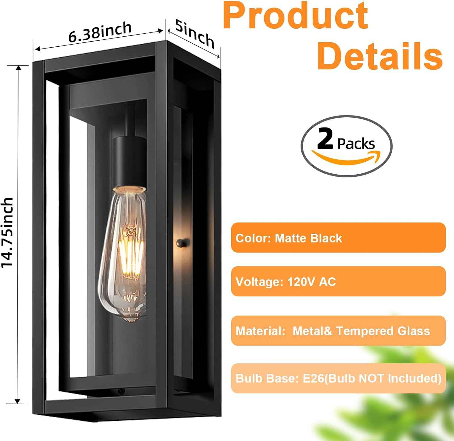 15" Outdoor Wall Lights, Black Exterior Lighting Fixtures, 2 Pack | Large Size, Anti-Rust, Waterproof, Tempered Glass, Easy Installation, Modern & Classic Outdoor Sconces for House Porch Garage