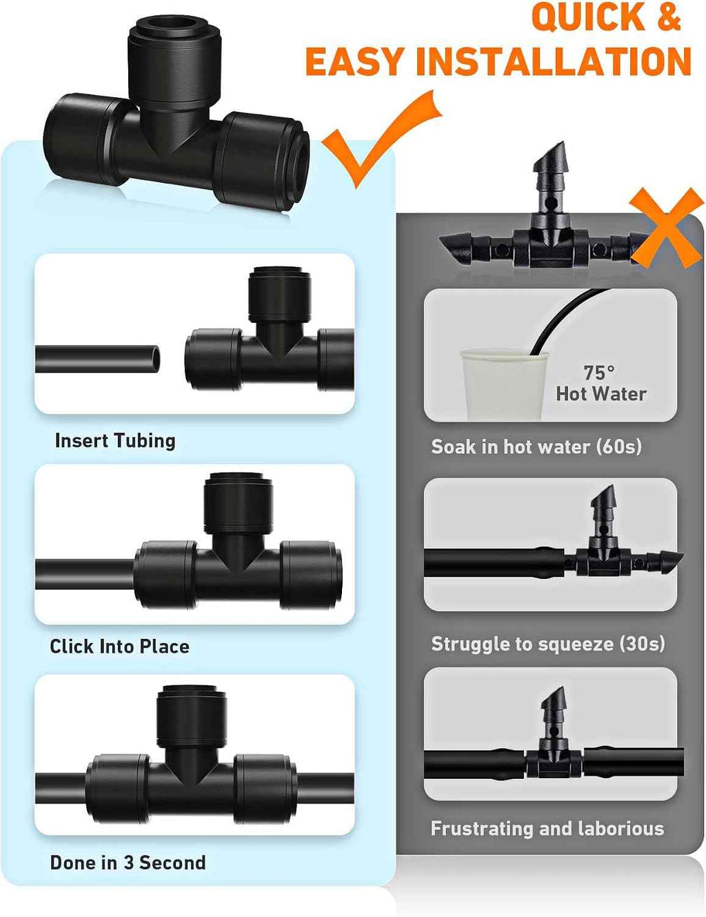 EVOULTES 16 Pack 1/4" Drip Irrigation Tee Fittings, Quick Connect | 16 Pack Tee Connectors, Fits 1/4" Irrigation Tubing, Leak Resistant Seal, Quick Push Installation, Durable Garden Use