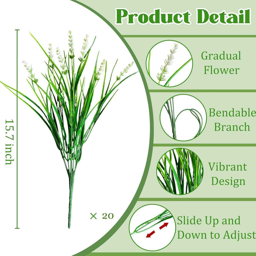 20Pcs Fake Plants Artificial Flowers Monkey Grass for Outdoors，UV Resistant Realistic White Artificial Plants Outdoor，No Fade Greenery Shrubs Outside Decor for Courtyard Porch Patio Garden
