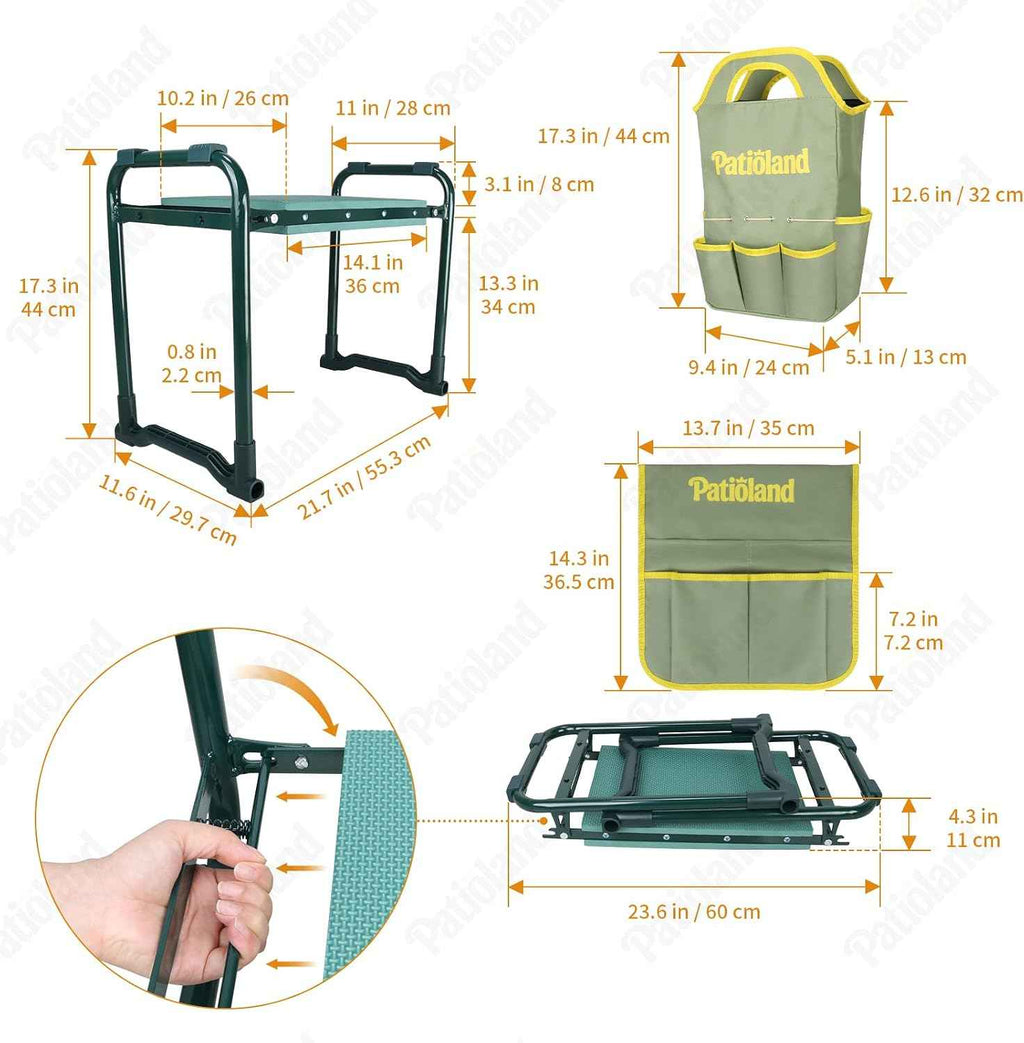 Garden Kneeler and Seat, Gardening Workseat with Tool Pouch and HandBag | 2-in-1 Flip Bench for Yard Work, Folding Garden Stool for Senior, 10.2" Widen Kneeling Pad, Gardening Gift for Women Men