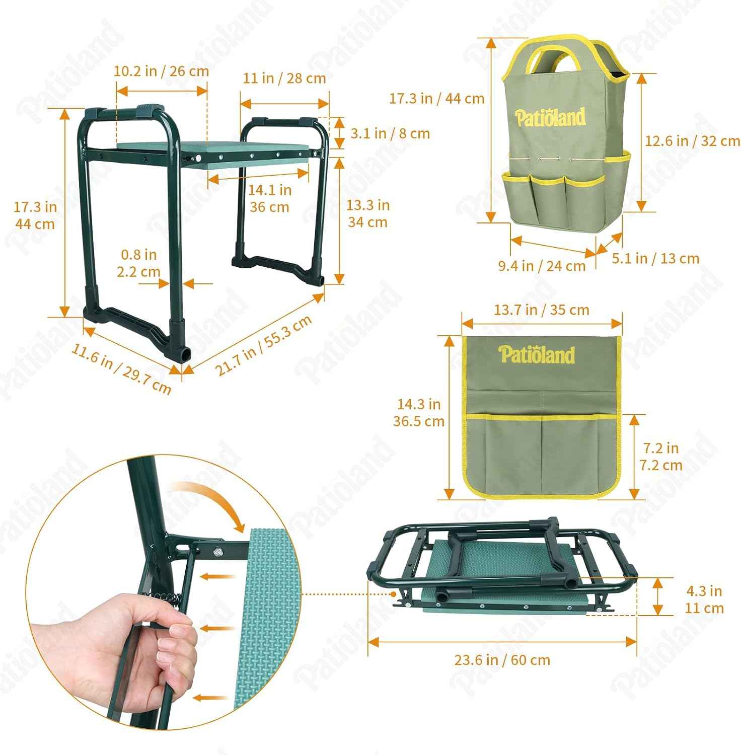 Garden Kneeler and Seat, Gardening Workseat with Tool Pouch and HandBag | 2-in-1 Flip Bench for Yard Work, Folding Garden Stool for Senior, 10.2" Widen Kneeling Pad, Gardening Gift for Women Men