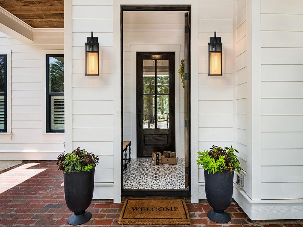 Outdoor Wall Lights, 16 inch Black Wall Sconce, Modern Exterior Lighting Fixture, Porch Lantern Wall Mount with Striped Glass for Patio, House,1 Pack