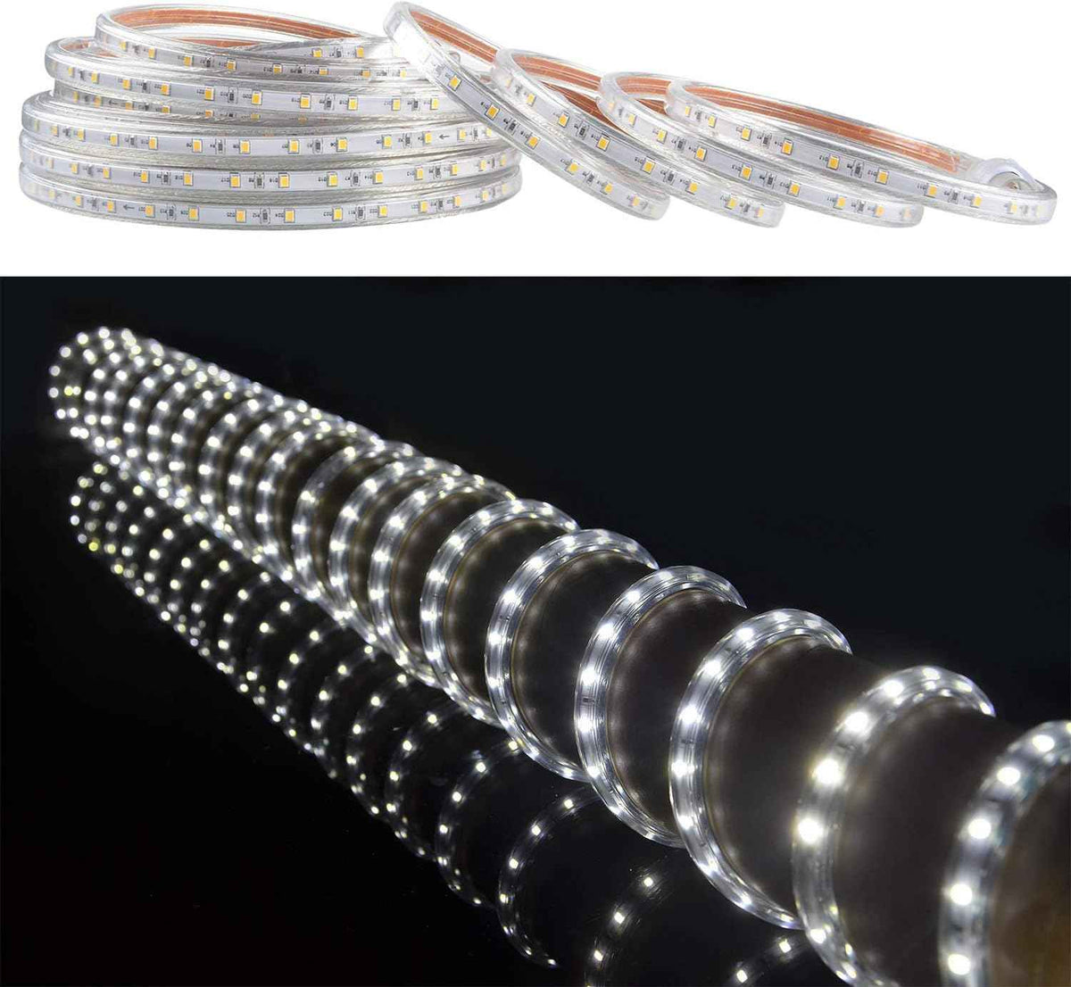 SURNIE 50ft LED Rope Lights Outdoor Waterproof, 110V Flexible Daylight White Bright Lighting Cuttable Connectable, Cool Clear Flat Strip Light 6000K for Outside Deck Patio Camping Decor, Not Tube Rope