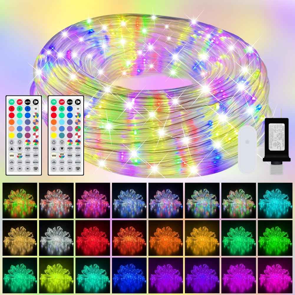 50ft Outdoor LED Rope Lights, IP68 Waterproof 25 Color Changing String Lights with 149 Modes, Warm White&RGB Twinkle Fairy Tube Light for Christmas Indoor Outside Railing, Balcony, Patio Decor