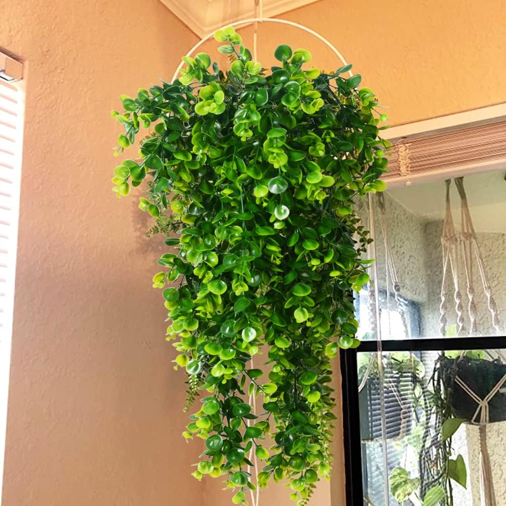 2pcs Artificial Hanging Plants Fake Hanging Plant Faux Eucalyptus Leaf Greenery Vine Outdoor UV Resistant Plastic Plants (2, Green)