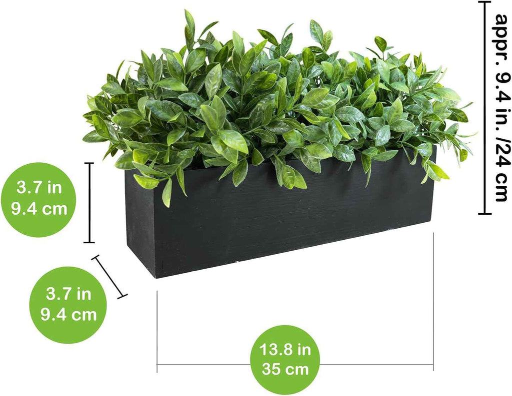 Winlyn 14" Artificial Boxwood Plant Greenery Arrangement Faux Boxwood in Black Rectangular Wooden Planter Potted Herb Plant for Farmhouse Home Decor Wedding Windowsill Mantel Shelf Table Centerpiece