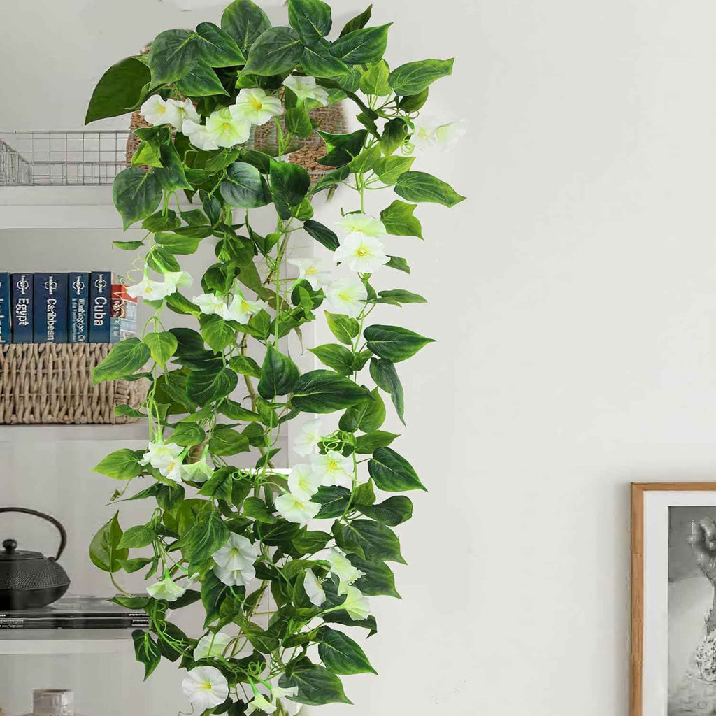 CISDUEO 2 Pcs Artificial Vines Silk Morning Glory Vines for Outdoor 15Feet Hanging Plants Garland White Fake Green Plant Morning Glories for Home Decor Wall Fence Stairway Wedding Hanging Baskets
