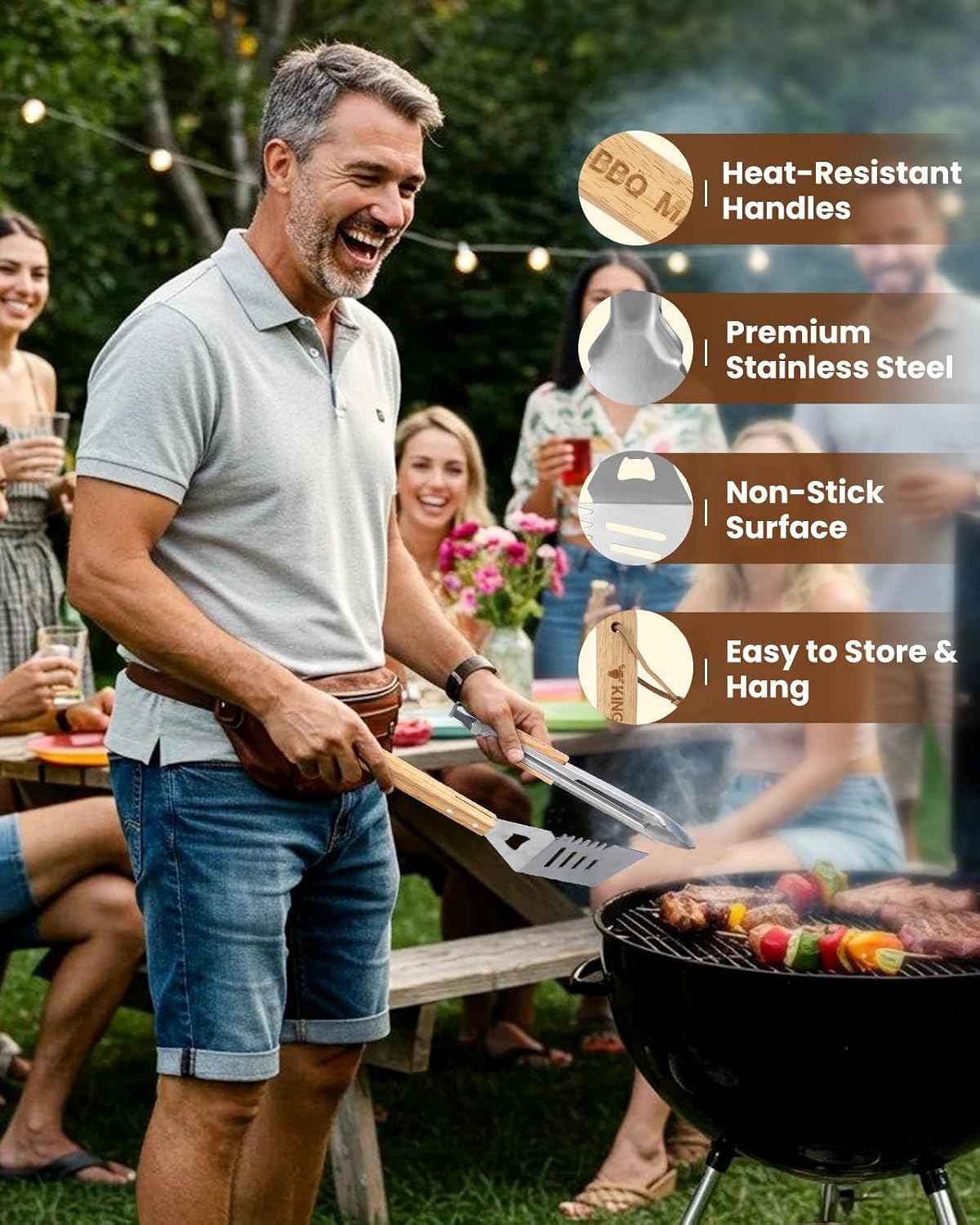 4PCS Grilling Accessories BBQ Tools - Stainless Steel Grill Set with Tongs, Fork, Spatula, Brush, Carrying Bag, Birthday for Men, Father, Husband