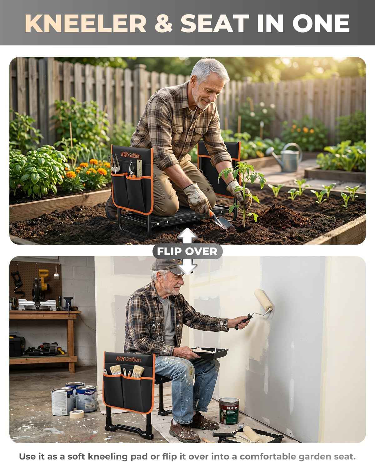 KVR Garden Kneeler and Seat with 2 Tool Pouches, Heavy Duty Foldable Gardening Stool, Portable Bench with Thick EVA Foam for Knee Support, Gifts for Seniors, Black/Orange