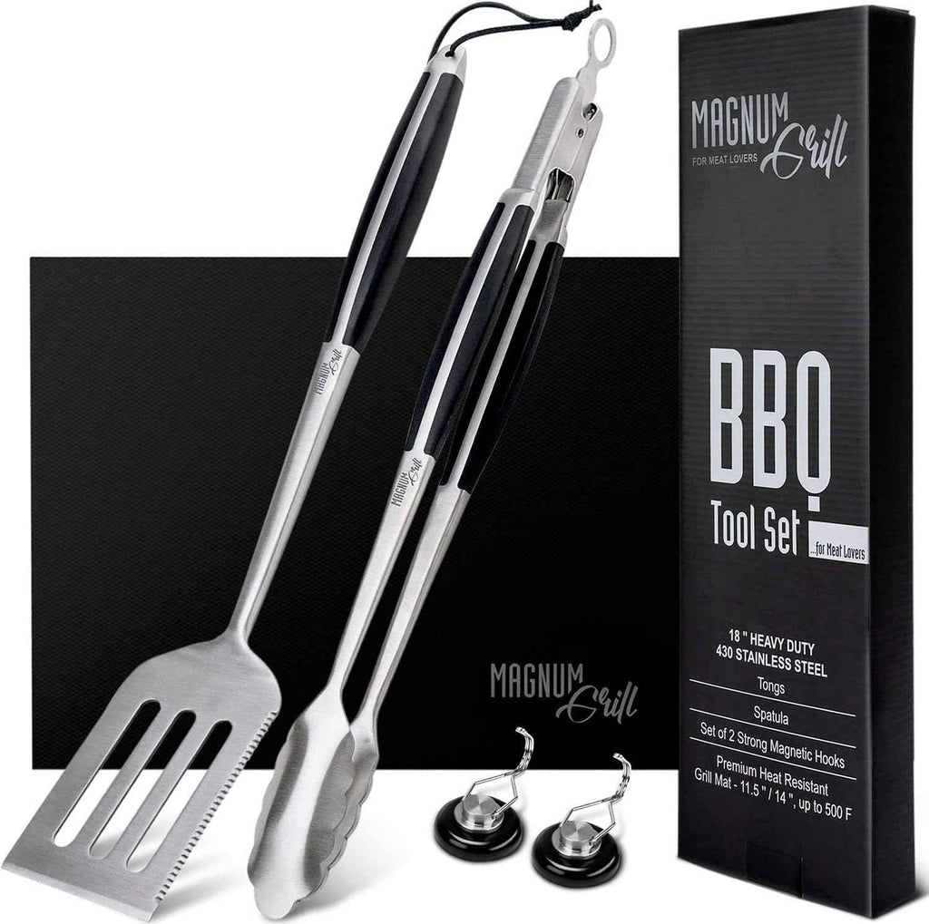 BBQ Tools | 18" Tongs & Spatula | Grill Mat | 2 Magnetic Hooks | Heavy-Duty Metal Tongs and Spatula, 2 Strong Magnetic Hooks for Grill-Side Hanging, Reusable BBQ Grill Mat